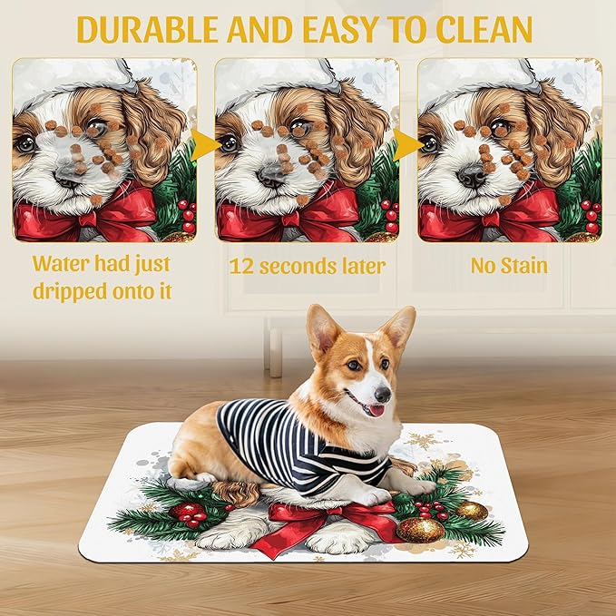 Christmas Dog and Cat Food Mat, Absorbent Feeding Placemat, Waterproof Non-Slip Rubber Base – 16x24 Inch