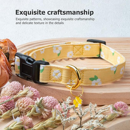 Cotton Handmade Dog Collar Cute and Distinctive Patterns Yellow Flower with Pendant for Girl Boy Dogs Collars M