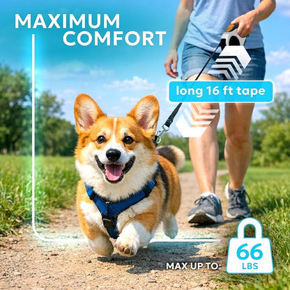 Retractable Dog Leash for Pets Up to 66 lbs, 16' Heavy Duty Reflective Nylon Tape, Tangle Free, Anti-Slip Handle with One Button Control