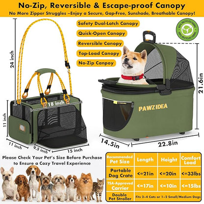 PAWZIDEA Double Pet Stroller with 2 Detachable Carrier, Lightweight Portable Travel Crate & Car Seat Combo & TSA-Approved Expandable Carrier, Foldable Jogger Stroller for 2–4 Cats or Small/Medium Dogs