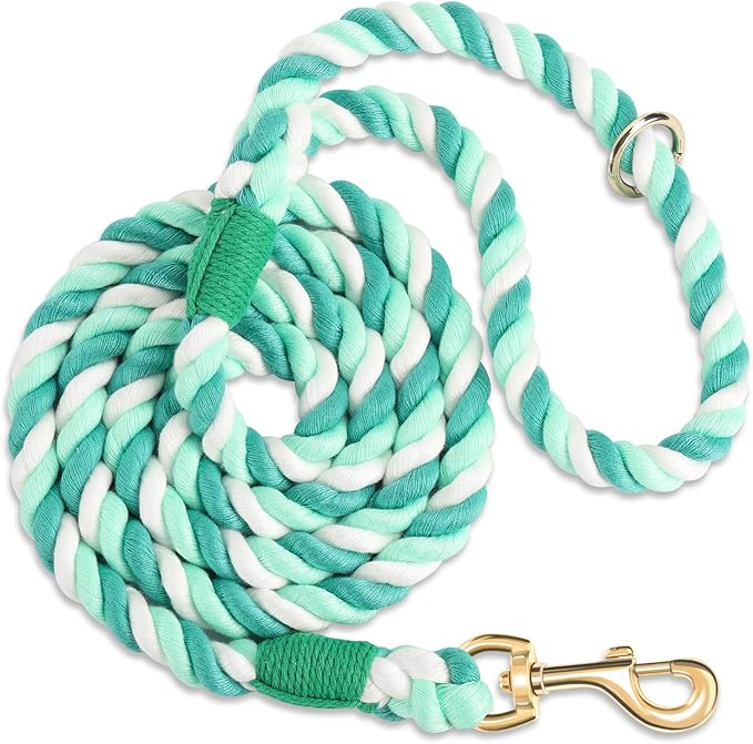 Dog Leash 6 FT Handmade Braided Cotton Rope Leashes for Small Medium and Large Dogs, New Golden Heavy Duty Metal Clasp, Moss Green