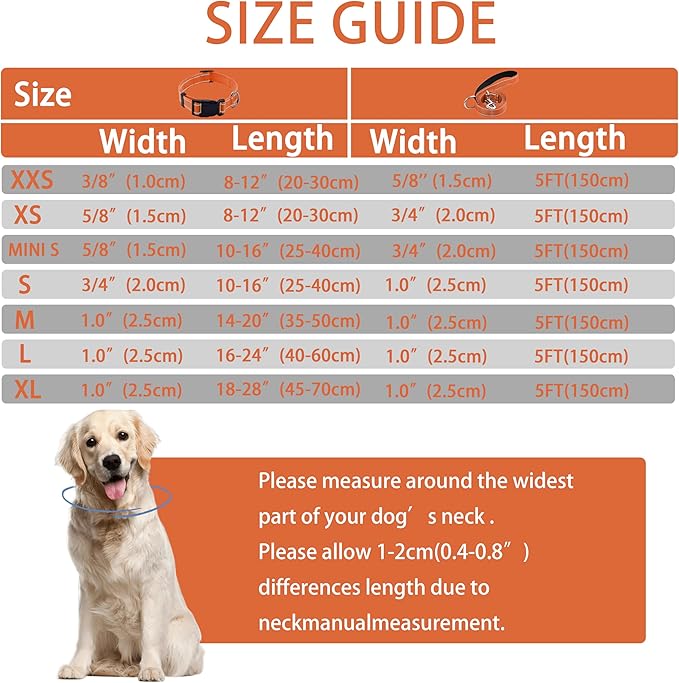 Reflective Dog Collar with Safety Locking Buckle, Adjustable Soft Breathable Nylon Collars for Small, Medium and Large Dogs(Collar+Leash S Width 5/8" Orange)
