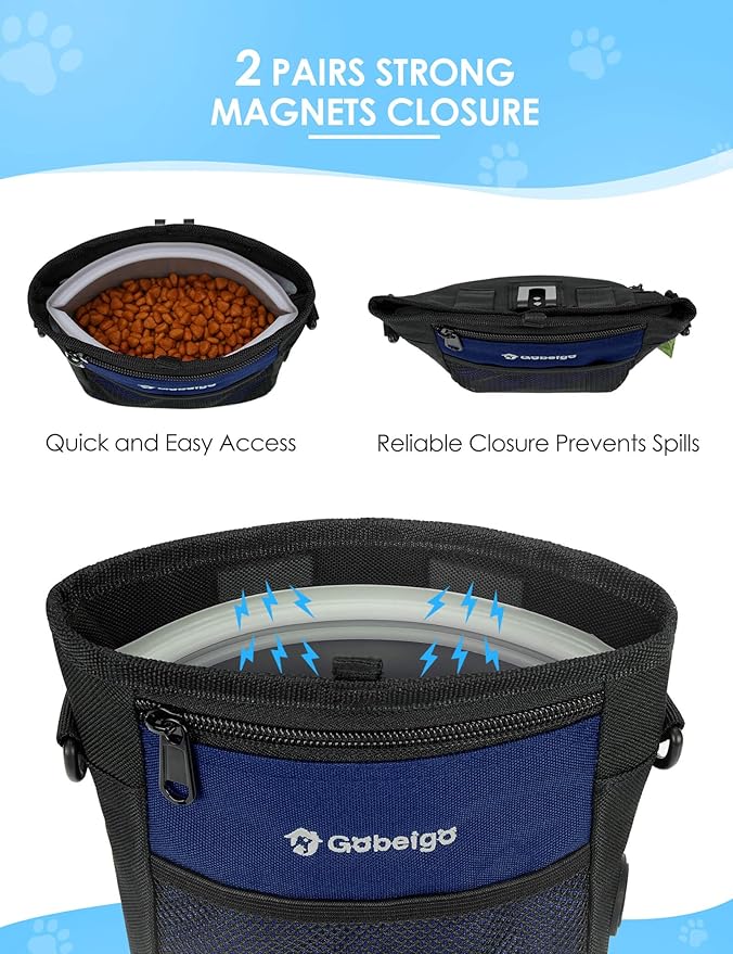 Gobeigo Dog Treat Pouch, Magnetic Closure & Sealable Silicone Bag Insert, 4-Cup Capacity – Belt Clip/Waist Belt/Crossbody Wear, Clicker Included – Great for Pet Training & Walking (Navy Blue)