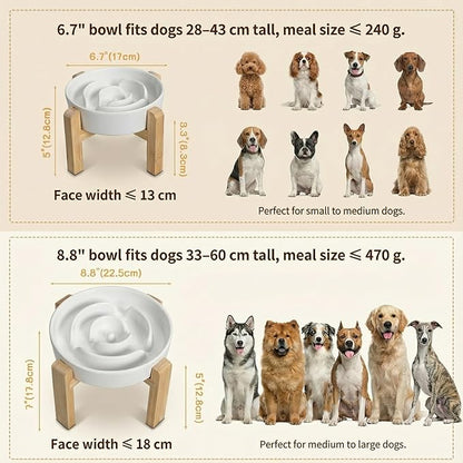 Elevated Slow Feeder Dog Bowl - Upgraded with Screwed Bamboo Stand - Ceramic Maze Dish for Fast Eaters - Raised Feeding Bowl for Medium and Large Dogs - White