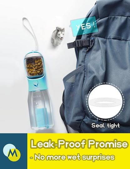 Portable Water Bottle for Dogs, 3 in 1 Pet Travel Bowl Dispenser with Food Treat Container & Poop Bag Holder, Summer Outdoor Walking Hiking Accessories for Large Dog On The Go - Blue, 20oz