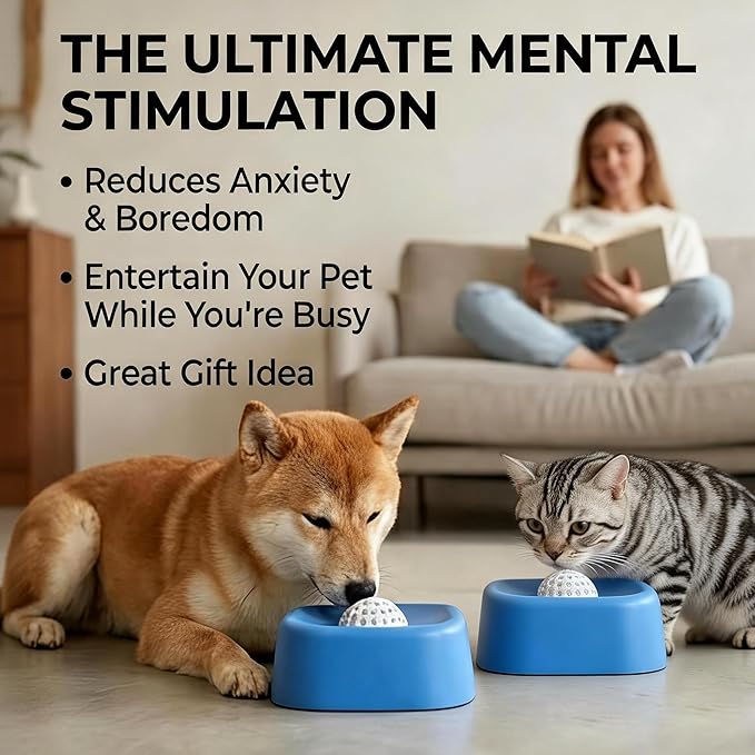 Slow Feeder Dog Bowls for Liquid with Rolling Ball, Interactive Lick Bowl Slow Feeder for Wet Food, Water & Treats Lick Toy Gift for Dogs Cats Large Medium Small (Style1-Blue)