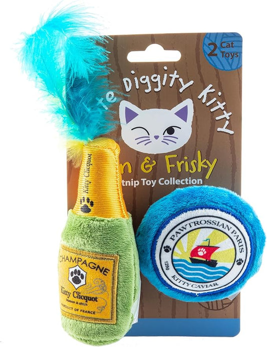 Clicquot Champagne & Caviar Set, Plush Cat Toys Catnip Filled with Interactive Crackle Sound, Safe, Durable Toys for Cat & Kitten, 2 Pcs