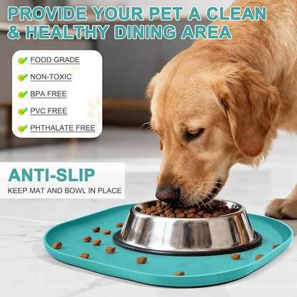 Small Silicone Pet Food Mat with Raised Edge for Food and Water Bowl, Square Dog Feeding Mats, Cat Food Trays for Floor Waterproof, Rubber Tray for Dogs and Cats, 12 x 12 x 0.7 Dark Turquoise
