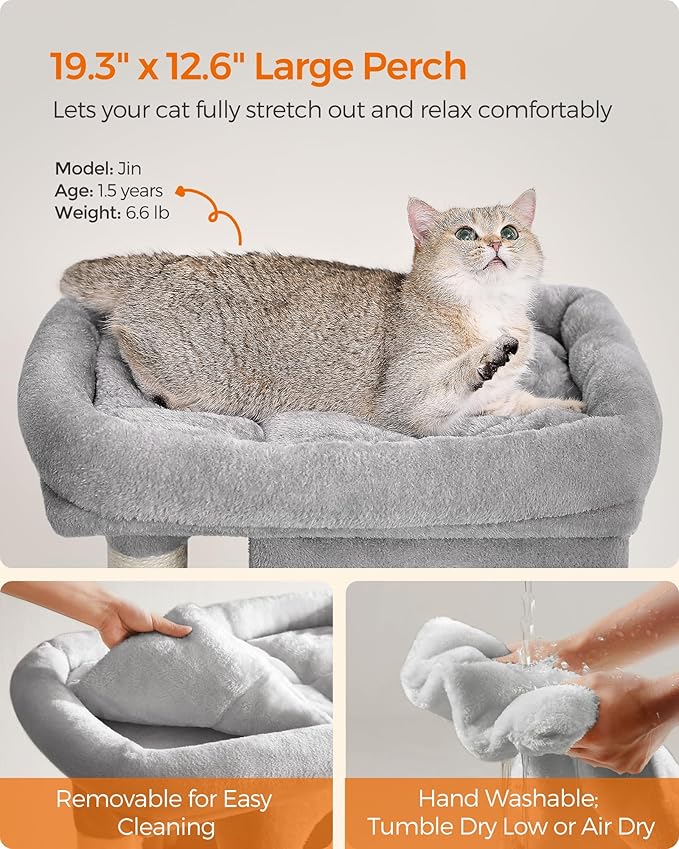 Feandrea Cat Tree, 29.1-Inch Cat Tower, Plush Condo for Medium Cats up to 11 lb, Large Perch, 2 Caves, Scratching Post, Light Gray UPCT612W01