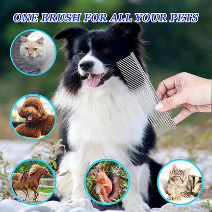 Dog Comb and Cat Combs Stainless Steel Teeth, Grooming Tool for Long & Short Hair, Dematting Comb for Dogs, Removes Tangles & Knots (Large Silver)
