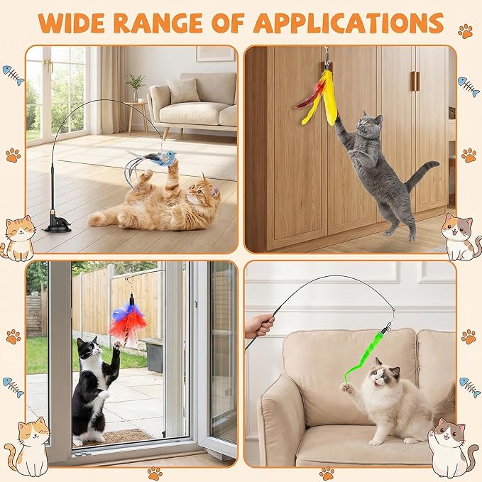 Interactive Cat Feather Toy with Suction Cup – 10-Piece Set Including 2 Detachable Wands & 6 Replacement Teasers, No-Marking Vacuum Base for Indoor Play