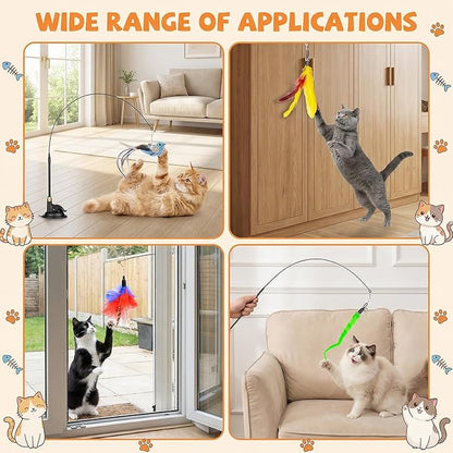Interactive Cat Feather Toy with Suction Cup – 10-Piece Set Including 2 Detachable Wands & 6 Replacement Teasers, No-Marking Vacuum Base for Indoor Play