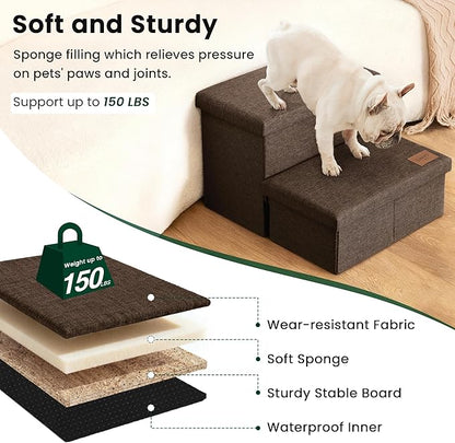 Love's cabin Dog Stairs with Storage 13" H, Foldable Pet Stairs for Small Medium or Large Dogs, Cat Puppy Steps Ramp with Zip up to 150 lbs, Coffee, 2 Steps