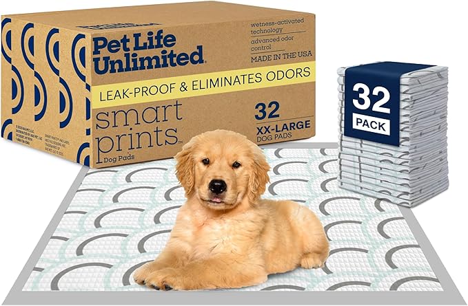 Pet Life Unlimited Smart Prints XXL Puppy Pads for Dogs, Potty Training Pee Pads, 32 Count, 30" x 36", Leak-Proof, Super Absorbent, Quick-Dry, Patterned Pads with Odor Control, Made in USA
