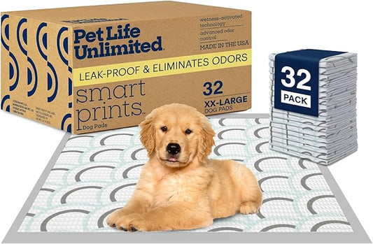 Pet Life Unlimited Smart Prints XXL Puppy Pads for Dogs, Potty Training Pee Pads, 32 Count, 30" x 36", Leak-Proof, Super Absorbent, Quick-Dry, Patterned Pads with Odor Control, Made in USA