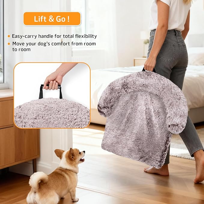 GGIB Calming Dog Bed Fluffy Plush Dog Mat for Furniture Protector with Removable Washable Cover for Large Medium Small Dogs and Cats (Large, Rust White)