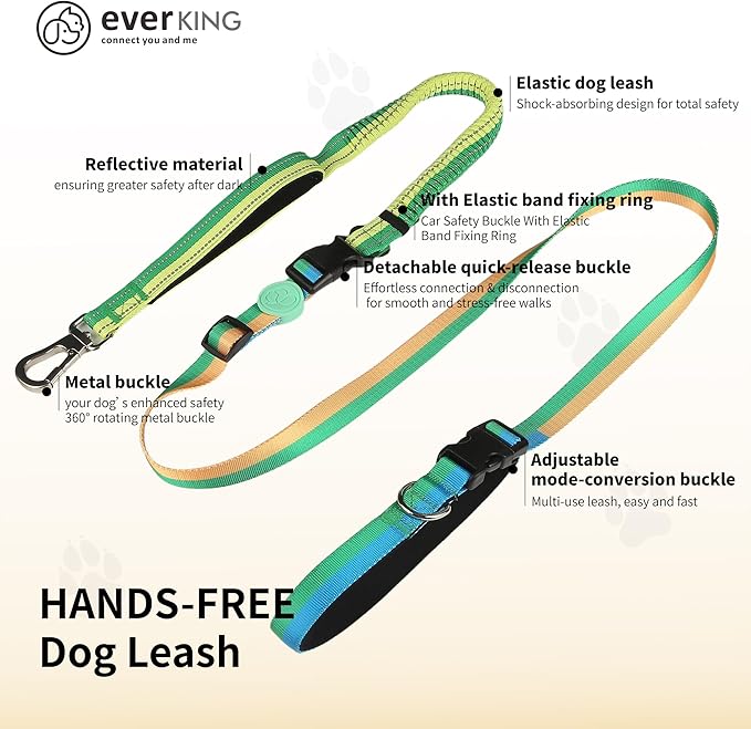‌EVERKING 6ft Hands-Free Dog Leash - 6-in-1 Adjustable with 360° Rotating Buckle, Night Reflective & Shock Absorbing for Large/Small Dogs (Up to 120lbs) (Green)