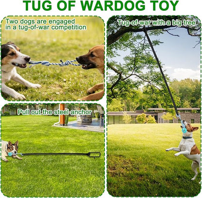 Tether Tug Outdoor Dog Toy with Stake and Adjustable Safety Rope Interactive Exercise Game in Yard, Tether Tug with 4 Chew Toy for Large, Medium & Small Dogs on Lawns or Trees