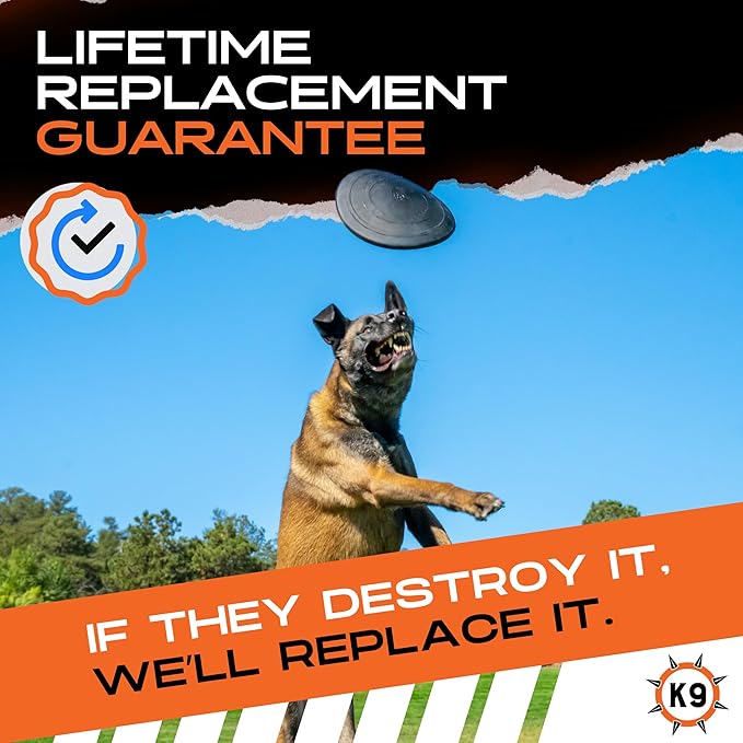 Monster K9 Indestructible Flying Disc - Lifetime Replacement - Durable Dog Toy for Aggressive Chewers – Tug & Fetch (Not Chew Toy) – Safe Non-Toxic Natural Rubber - Tough, Heavy Duty - USA Made - 8.5"
