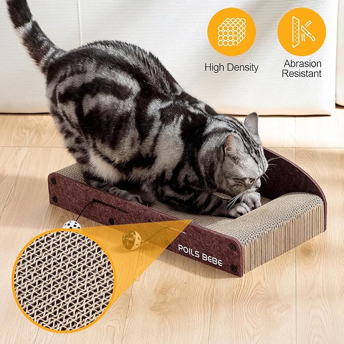 Poils Bebe 26 Inch Sofa Cat Scratcher, Small Cat Scratcher Cardboard with Bell Balls, Durable Couch Lounger for Indoor Cats, Cat Scratch Furniture Protector with Catnip, Cat Toys