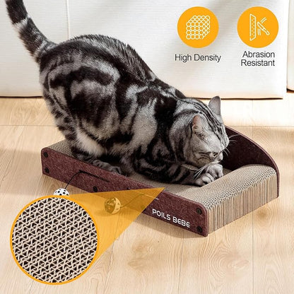 Poils Bebe 26 Inch Sofa Cat Scratcher, Small Cat Scratcher Cardboard with Bell Balls, Durable Couch Lounger for Indoor Cats, Cat Scratch Furniture Protector with Catnip, Cat Toys