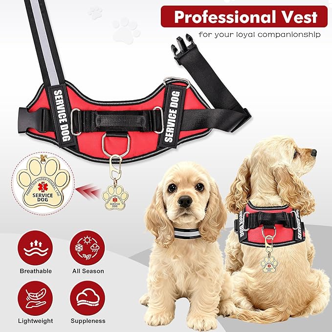 Service Dog Vest, ID Tag + 50 ADA Information Cards, Service Dog Harness w Patch in Sizes X Small to XX Large, Ruggedized Metal Tag, Service Animal Information Cards, ESA Accessory Set Medium