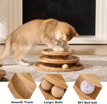 Cat Ball Track Toy with Puzzle Top, Extra Large Wooden Cat Toys for Indoor Cats with Spinning Balls, Interactive Cat Ball Tower for Kitten Exercise Mental Physical
