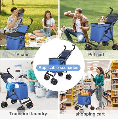 Wedyvko Pet Dog Stroller, 4 Wheel Foldable Cat Dog Stroller with Storage Basket, Handle 360° Front Wheel Rear Wheel with Brake for Small Medium Dogs & Cats (Blue)
