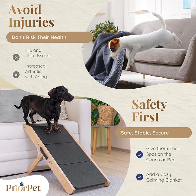 Dog ramp for Couch – Non-Slip, Sturdy Build Foldable Dog ramp – Supports up to 200lbs – Adjustable 7'' to 20'' – Landing Platform Seamlessly Connects – Birchwood Pet Ramp for Small Dogs – Natural