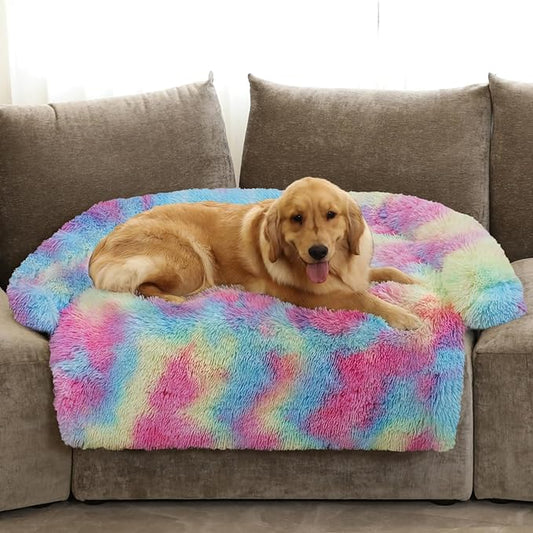 GGIB Calming Dog Bed Fluffy Plush Dog Mat for Furniture Protector with Removable Washable Cover for Large Medium Small Dogs and Cats (Extra Large (53x39.3x6), Rainbow)