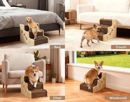 Dog Stairs for Small Dogs, 3-Step Wooden Dog Ramp for Bed, Couch & Car, Non-Slip Pet Stairs for Small Old Short-Legged Puppy & Cat, Indoor Pet Steps with X-Brace Support