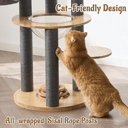 Modern Cat Tree Tower with Scratching Post, 61.5in Tall Cat Tree for Indoor Cats, Multi-Level Solid Wood Cat Furniture with Cozy Cat Beds, Cat Condo, Hammock, Capsule Nest, Turntable Toy, Gray