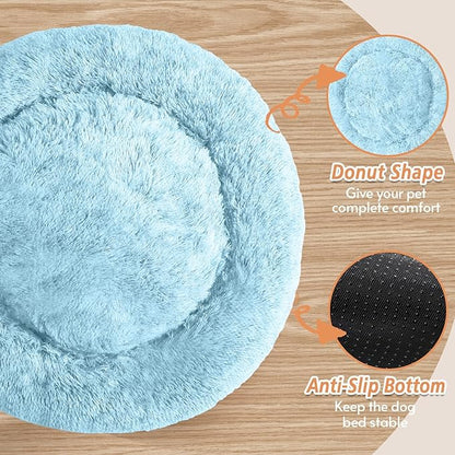 JOLLYVOGUE Calming Dog Bed for Small Dogs - 23 inches Donut Washable Small Dog Bed for Kittens & Puppies, Anti-Slip Round Fluffy Plush Faux Fur Cat Beds (Fits up to 25 lbs Pets, Light Blue)