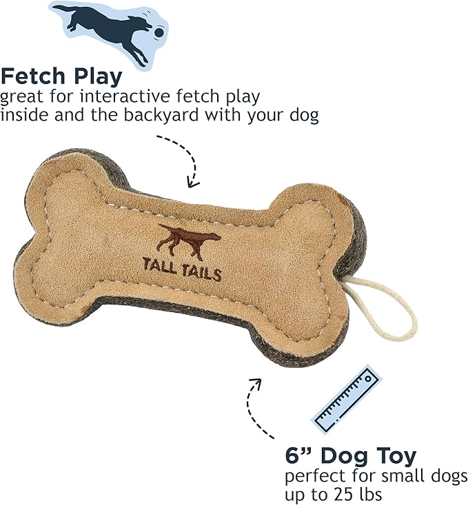 Tall Tails Dog Natural Leather Bone Fetch Toy Gift for Dogs 6 inches