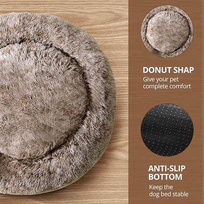 JOLLYVOGUE Calming Dog Bed Medium Size Dog, Anti-Anxiety Donut Medium Pet Bed, 27 inches Fluffy Faux Fur Round Cat Bed (Smoke Brown)