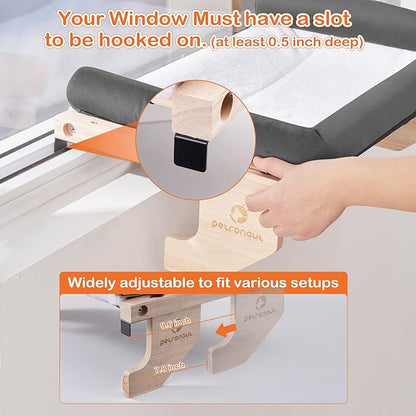 Solid Wood Cat Window Perch for Large Breeds – 40lbs Heavy Duty Cat Window Hammock, Comfortable Orthopedic Feline Bed with Easy Screw-in Assembly, Modern Pet Furniture, Bonus Toy Included