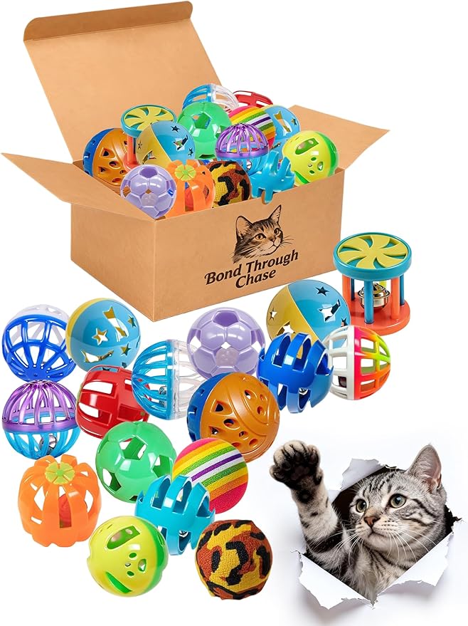 26 Pcs Cat Balls Set for Indoor Bored Kitten, 16 Shapes PP Cat Toys with Bells for Play & Exercise (1.5'' - 3.7'')
