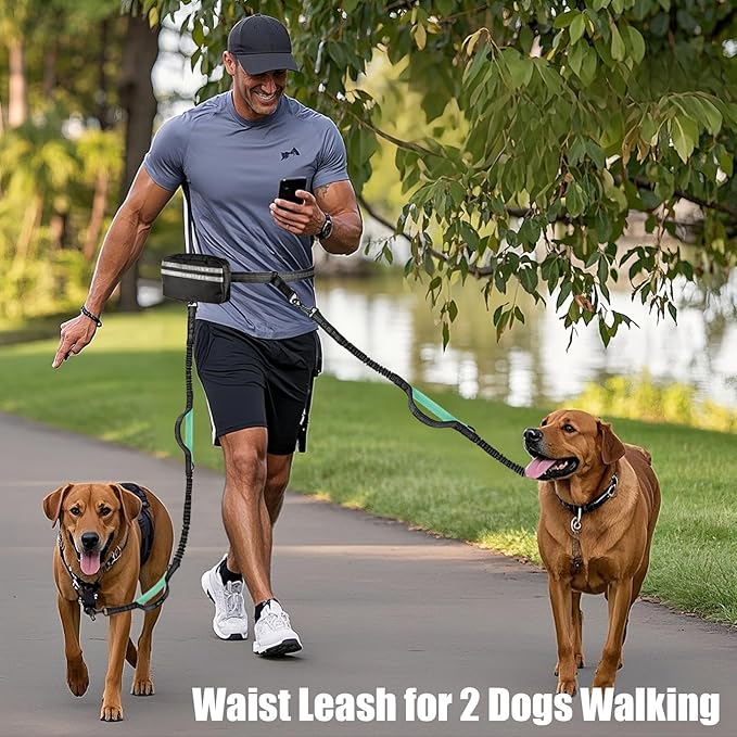 Hands Free Dog Leash with Pouch, Crossbody & Waist Leash for Dog Walking, No Pull Heavy Duty Bungee, Padded Handles & Reflective for Large Medium Dogs, Black Blue