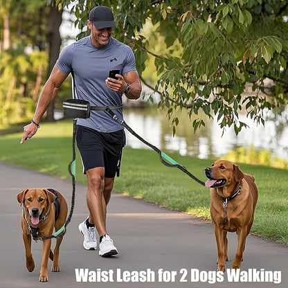 Hands Free Dog Leash with Pouch, Crossbody & Waist Leash for Dog Walking, No Pull Heavy Duty Bungee, Padded Handles & Reflective for Large Medium Dogs, Black Blue