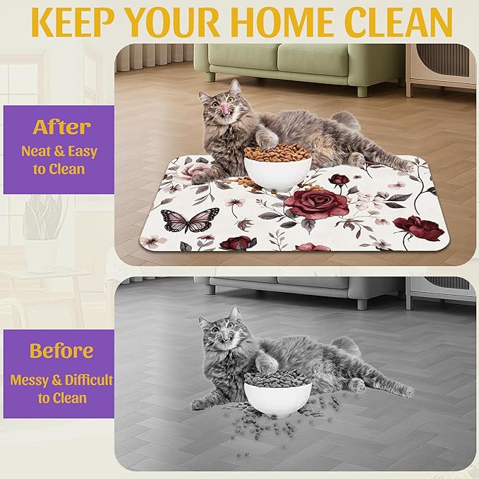 Vintage Flower Butterfly Dog Cat Food Mat, Absorbent Feeding Placemat, Waterproof Non-Skid Bottom – 12x20 Inch