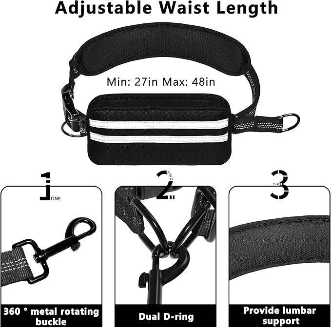 Hands Free Dog Leash with Zipper Pouch, Running Waist Leash for Dog Walking, Adjustable Waist Belt for Large Dogs, Reflective Bungee Design with Two Handle for Hiking,Training, Black