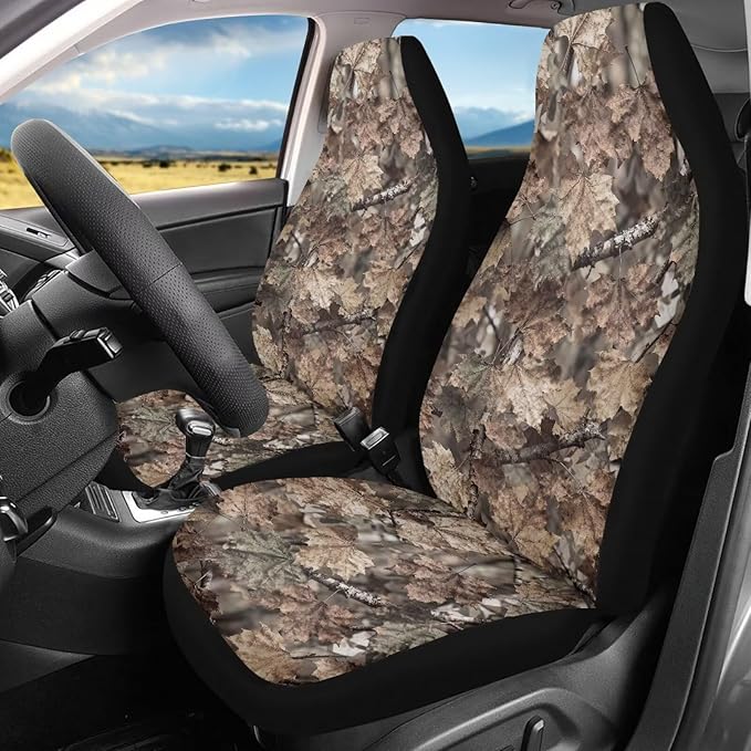 Camo Hunting Print Car Seat Covers Front Seats Only Waterproof Car Seat Covers Stretch Polyester Fabric Cover Fashion Auto Interior Universal Fit for Most Vehicle, Set of 2