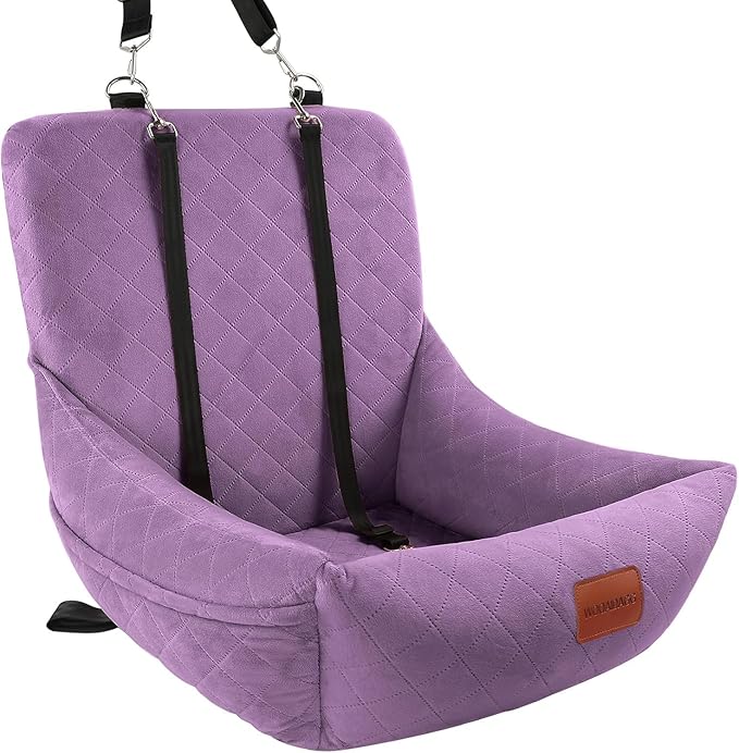 WOOAIDAGG Dog Car Seat for Small Dogs Up to 25lbs,Soft Washable Fabric Fill in Memory Foam,Easy to Assemble with 2 Clip-On Safety Leashes and Storage Pockets,Front or Back Seat are Both OK(Purple)