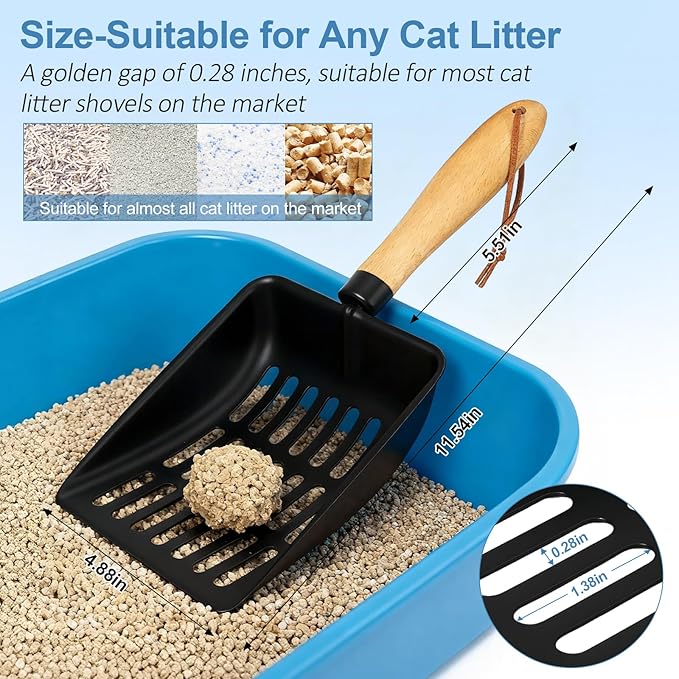 Cat Litter Scoop, Metal Litter Scoop, Heavy Duty Metal Cat Scooper for Litter Box, Black Sifter Scoop for Pellets, Wooden Handle Scoop with Hole, Kitty Necessity (Short)