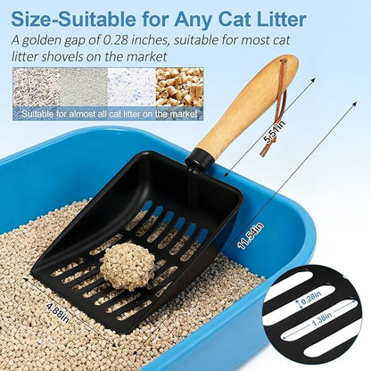 Cat Litter Scoop, Metal Litter Scoop, Heavy Duty Metal Cat Scooper for Litter Box, Black Sifter Scoop for Pellets, Wooden Handle Scoop with Hole, Kitty Necessity (Short)