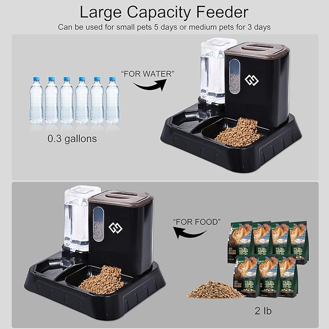 Gravity Cat Feeder and Automatic Water Dispenser for Dogs, 3 in 1 Spill-Proof Cat Feeding Station, Black Premium Design with Absorbent Mat, Easy to Clean