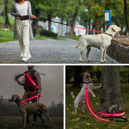 LED Hands Free Dog Leash, Waist Leash for Dog Walking, Retractable Bungee Light Up Dog Leash, LED Handless Dog Running Leash, Reflective Running Leash for Jogging Training Hiking (Pink)