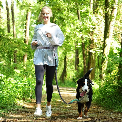VIVAGLORY Hands Free Dog Leash Bungeeone Running Dog Leash with Waist Belt for Running Walking & Jogging, Bungee & Around Waist for Pet, M, Grey/Turquoise