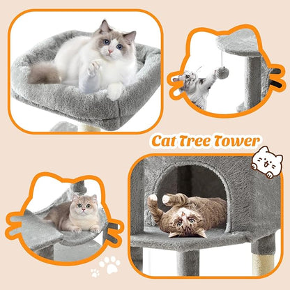 DUMOS Small 44 Inch Cat Tree Tower, Cat Climbing Tower with Natural Sisal Scratching Posts, Hammock, Pet Condo for Indoor Cats and Kittens Play, Light Grey