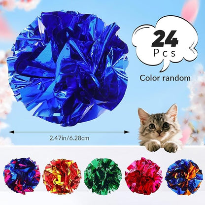 Crinkle Cat Toy Balls, 24Pcs 2.47'' Mylar Balls, Interactive Crinkle Ball, Colorful Paper Ball Chase Training Activity for Cats kitten Assorted Color, Chase Training Activity for Cats (24 Pack)